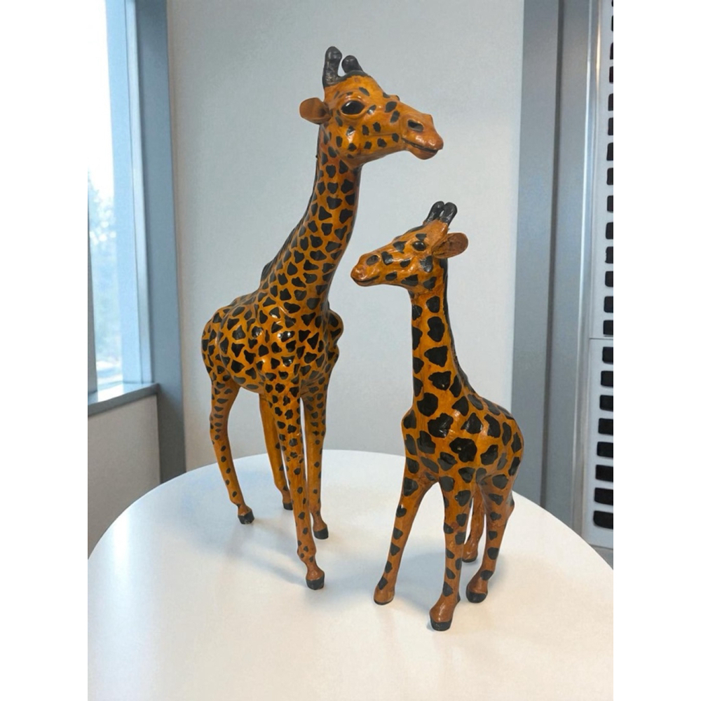 Vintage leather wrapped 2 Pc mom and child giraffe figures statues￼